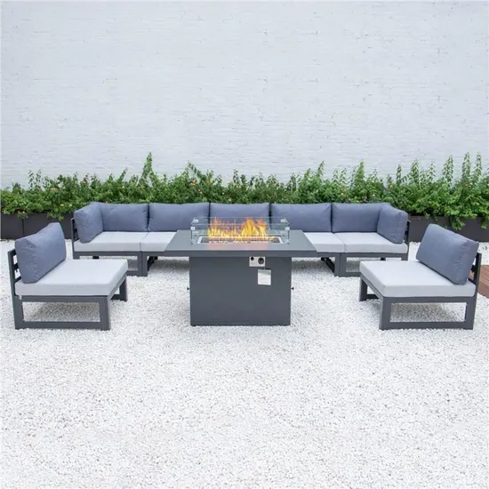 Modern Sofas Sectionals Outdoor Aluminum All Weather Patio Garden Sofa Set with Fire Pit Table