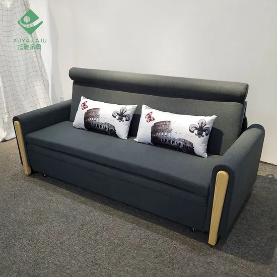 Black Lawny Linen Sofa Chaise with Manual Pull out Folding Deformation 