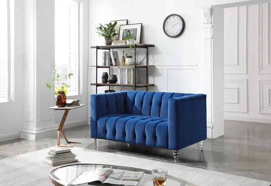Wholesale Living Room Couch Button Butfted Acrylic Leg Blue Velvet Fabric Loveseat Sofa 