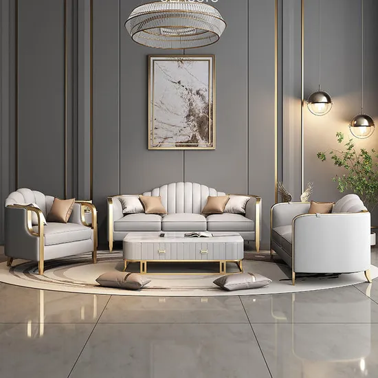 Modern Luxury Italian Live Room Furniture Sectionals 1 2 3 Seater Leather Sofa Set with Gold Metal Leg 