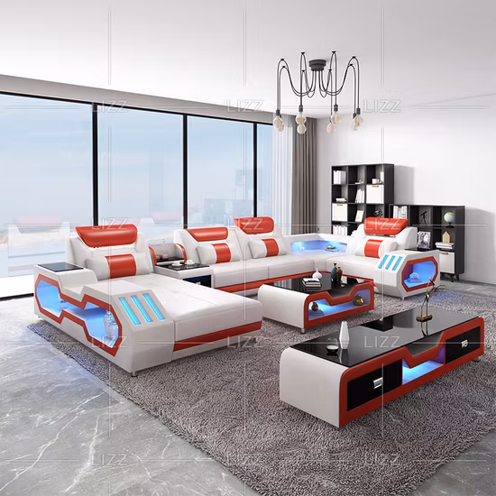 European Modern Sectional Leisure Living Room Home Furniture U Shape Genuine Leather Sofa Couch Set with LED Lights