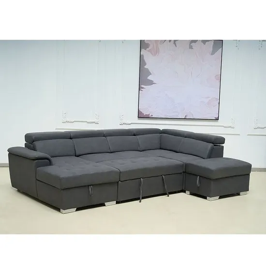 Rhino Fabric Folding Sofa Bed with Storage Chaise and Ottoman Headrest Adjustable Sofa 